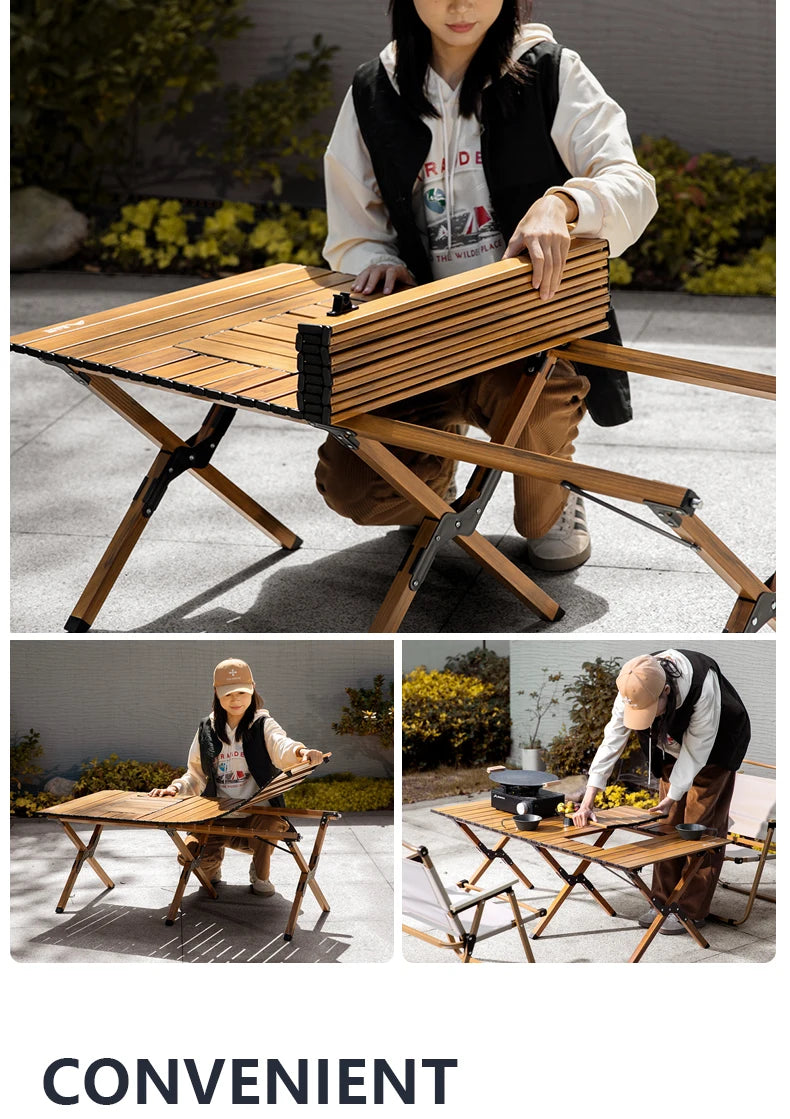 BISINNA Aluminum Alloy Custom Egg Roll Table Outdoor Folding Stove Boiling Tea Table Picnic Barbecue Wood Grain Egg Roll Table