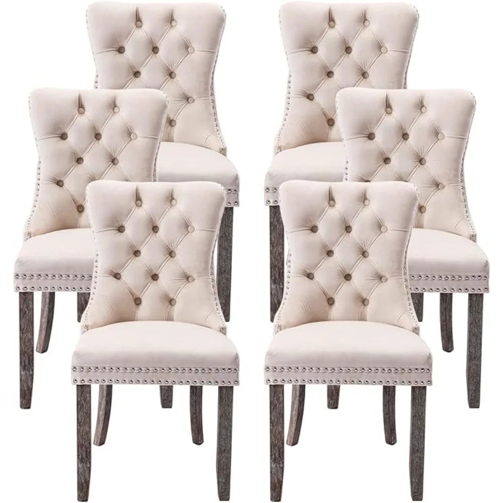 Velvet Dining Chairs Set of 6, Upholstered Dining Room Chairs with Ring Pull Trim and Button Back, Luxury Tufted Dining Chairs