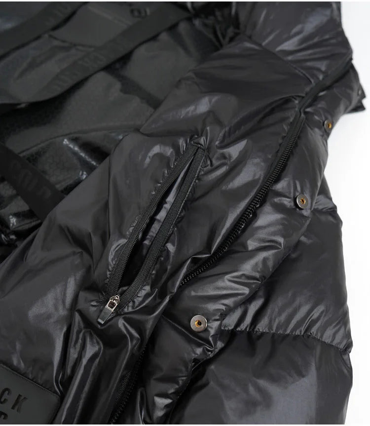 Black Golden Goose Down Jacket Detachable Hooded Women 2025 New Winter Thickened Warm Drawstring Waist Coat Zipper Pocket Casual