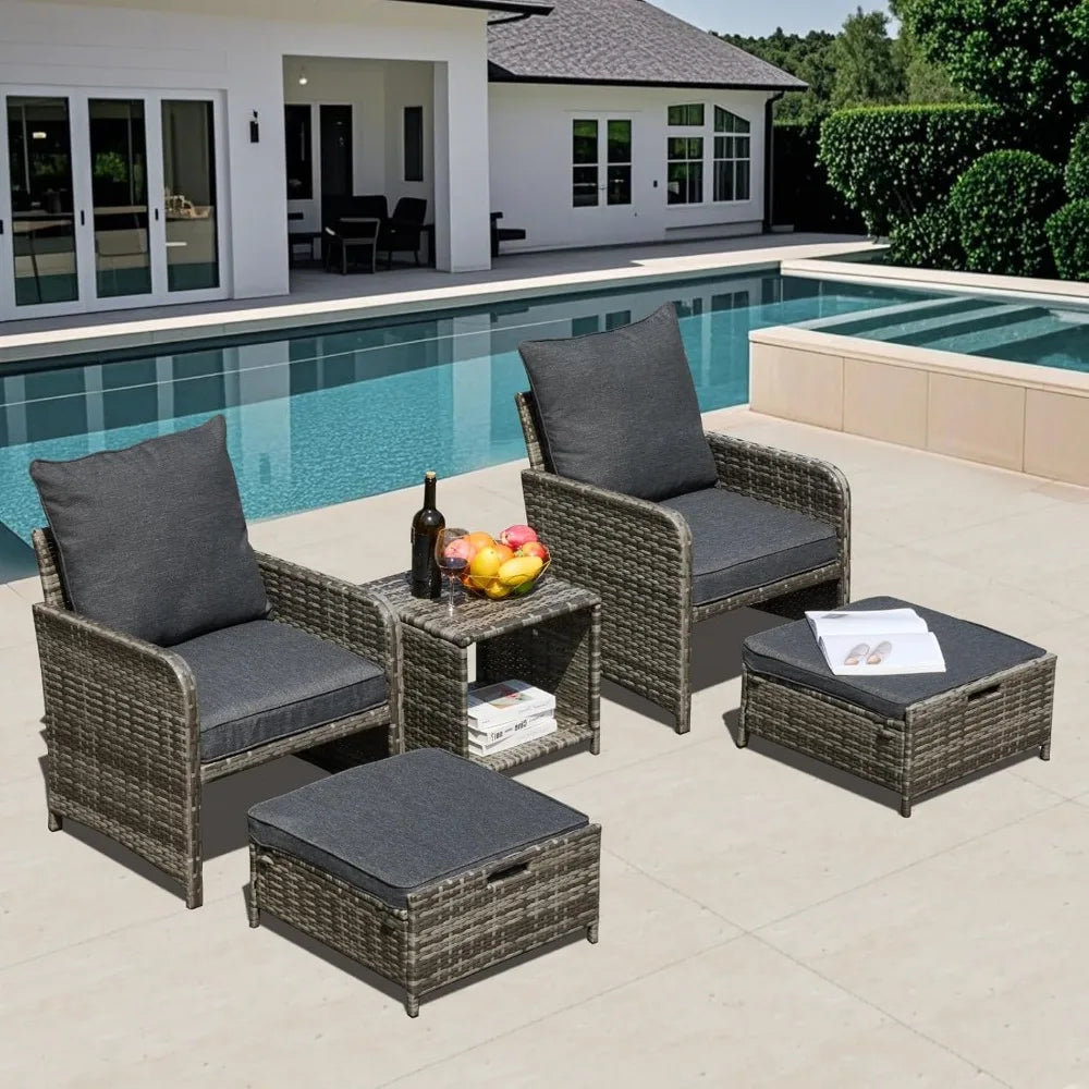5 Pieces Patio Furniture Set Rattan Wicker Sofa Outdoor Conversations Sets with Table and Ottomans for Garden, Poolside, Backyar