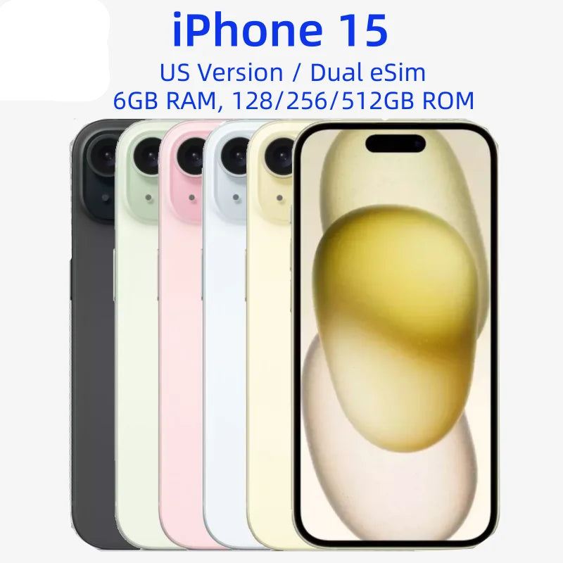 Unlocked iPhone 15 128/256/512GB ROM 6.1' Original Super Retina OLED Dual-eSIM 6GB RAM Face ID NFC A16 5G iPhone15 Mobile Phone