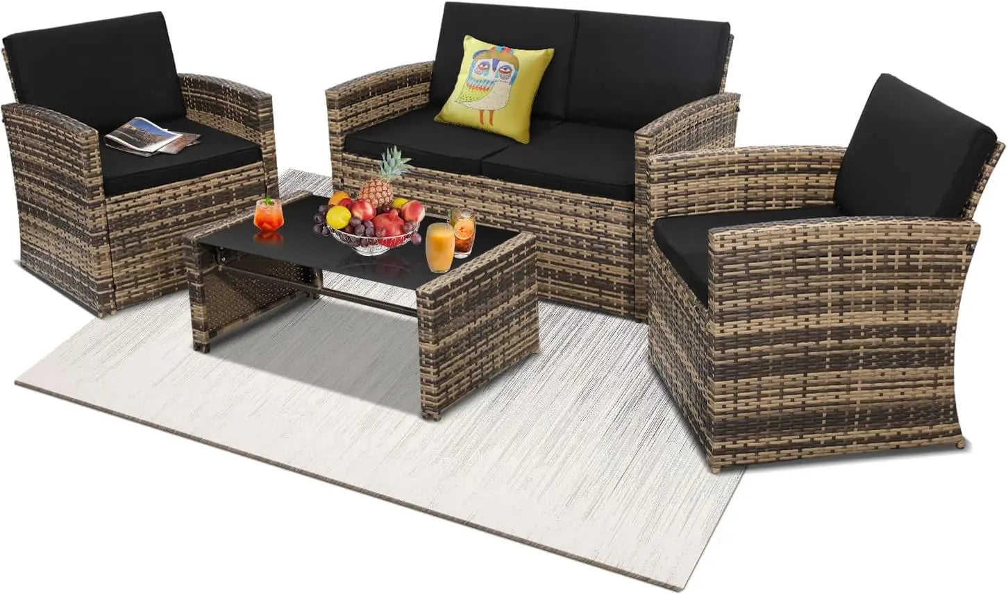 4 Piece Patio Conversation Set, Outdoor Wicker Sectional Furniture with Sofa, 2 Chairs, and Coffee Table, for Porch, Deck
