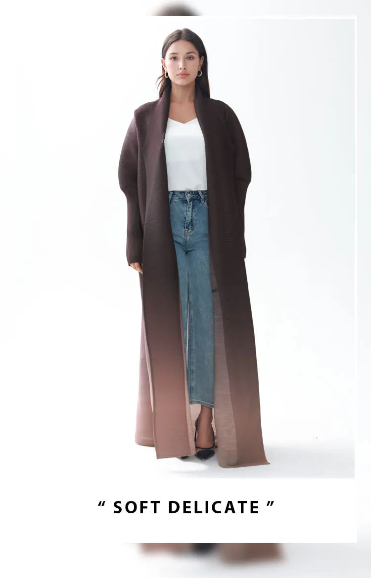 Miyake Pleated Gradient Turndown Collar Lantern Long Sleeve Jacket Women 2024 New Original Designer Abaya Fashion Long Coats