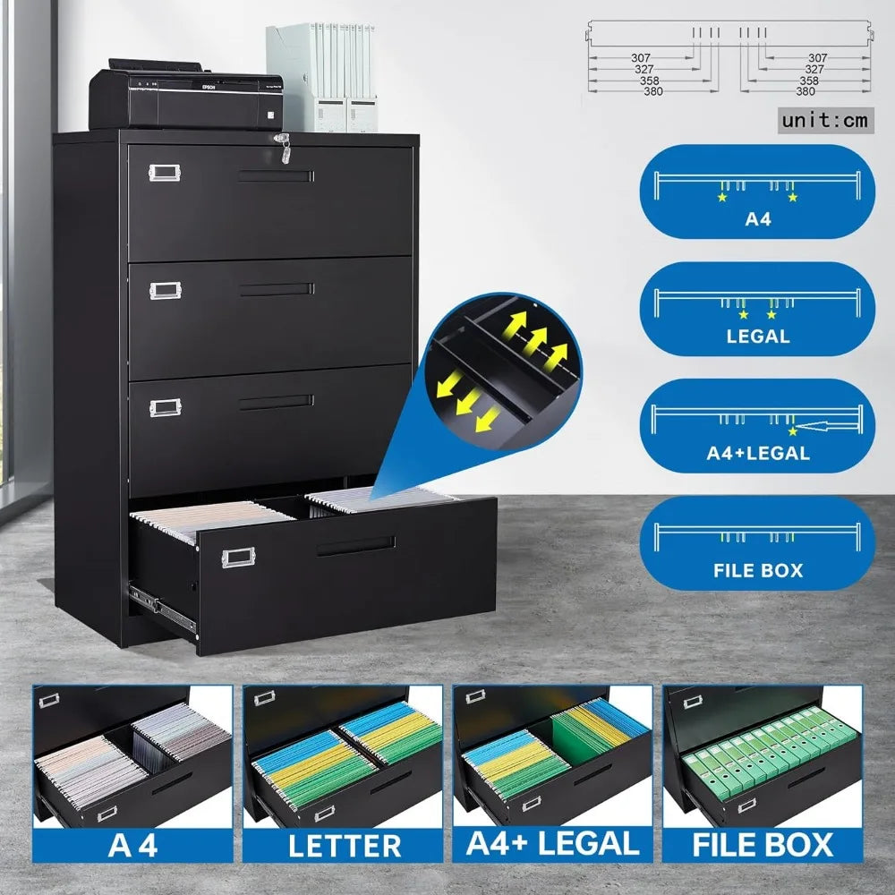 4 Drawer Filing Cabinet with Lock Metal Lateral File Cabinet Office Home Steel Lateral File Cabinet for A4 Legal