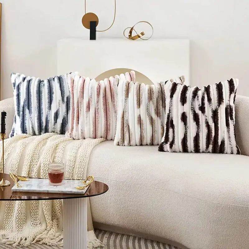 1pc Double-Sided Faux Fur Plush Cushion Cover for Sofa Fuzzy Striped Soft Throw Decorative Pillow Covers for Couch or Bedroom