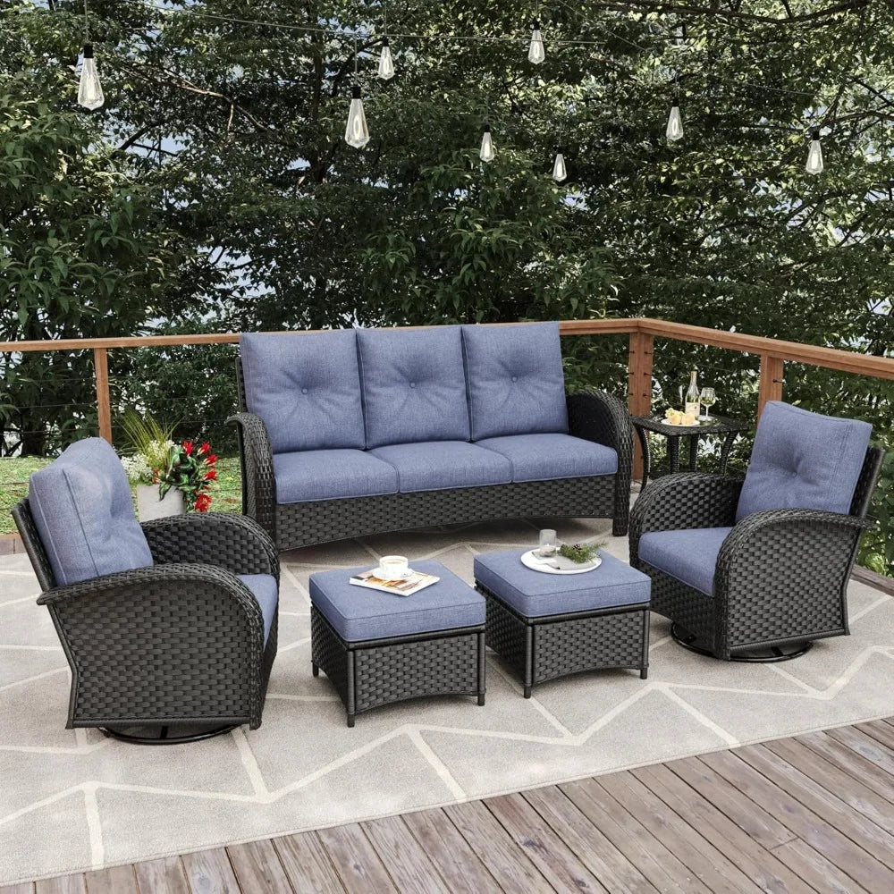 6 Pieces Patio Furniture Sets Wicker Rattan High Back Outdoor Swivel Rocking Chairs Set with 3-Seat Couch Ottomans and  Table