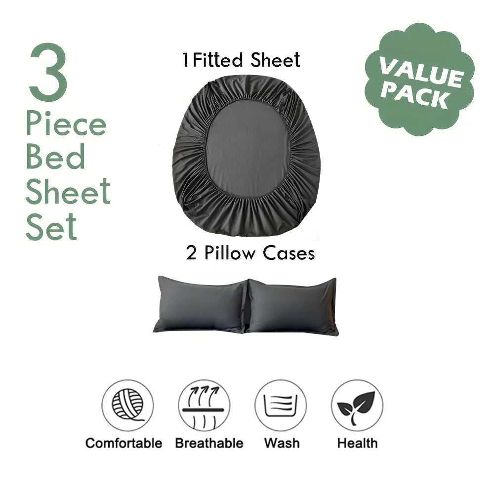 3pcs Cotton Fitted Bed Sheet Set (1 Fitted Sheet + 2 Pillowcases) Breathable Soft Mattress Cover with Pillow Cover Bedding Set