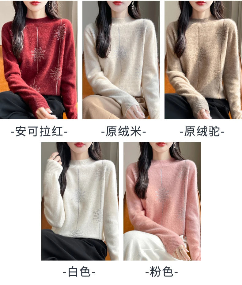 Diamond 100% Merino Wool Sweater 2024 New Women's Fashion Autumn/Winter Warm Hoodie Elegant Half High Collar Jumper Knitted Top