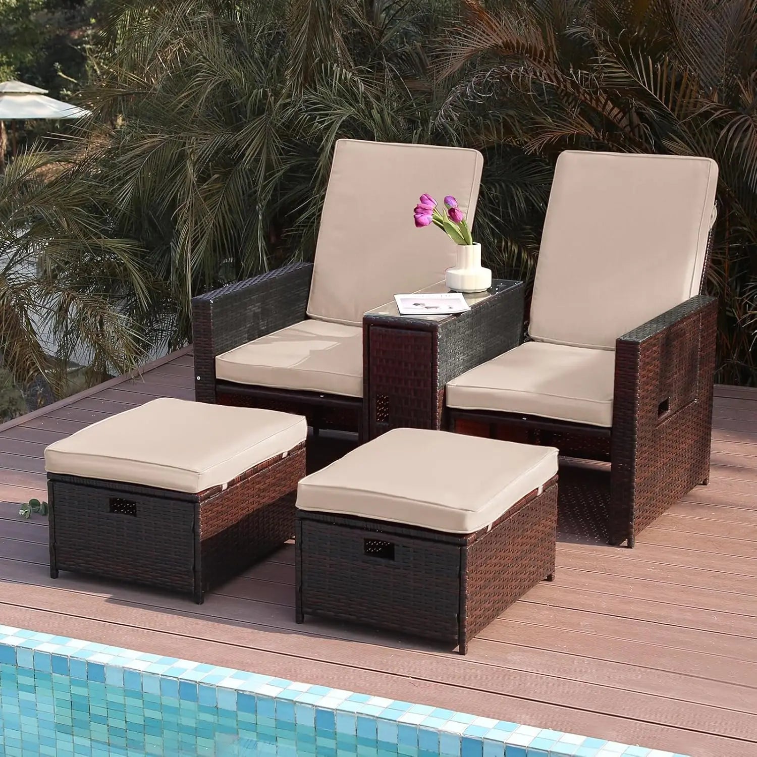 Patio Wicker Loveseat - Outdoor Rattan Sofa Set with Cushion - Adjustable Lounge Chair with Ottoman Footrest, Wicker Furniture