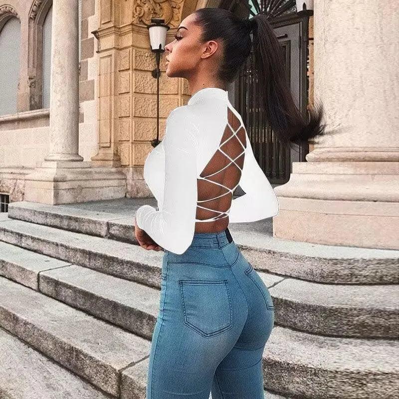 Womon cotton hollow out sexy tshirt bandage backless long sleeve tops Harajuku slim bodycon streetwear knitted tees