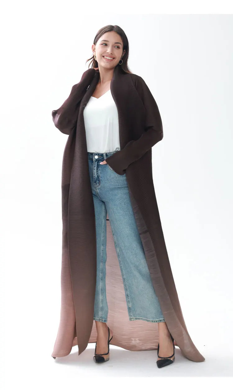 Miyake Pleated Gradient Turndown Collar Lantern Long Sleeve Jacket Women 2024 New Original Designer Abaya Fashion Long Coats