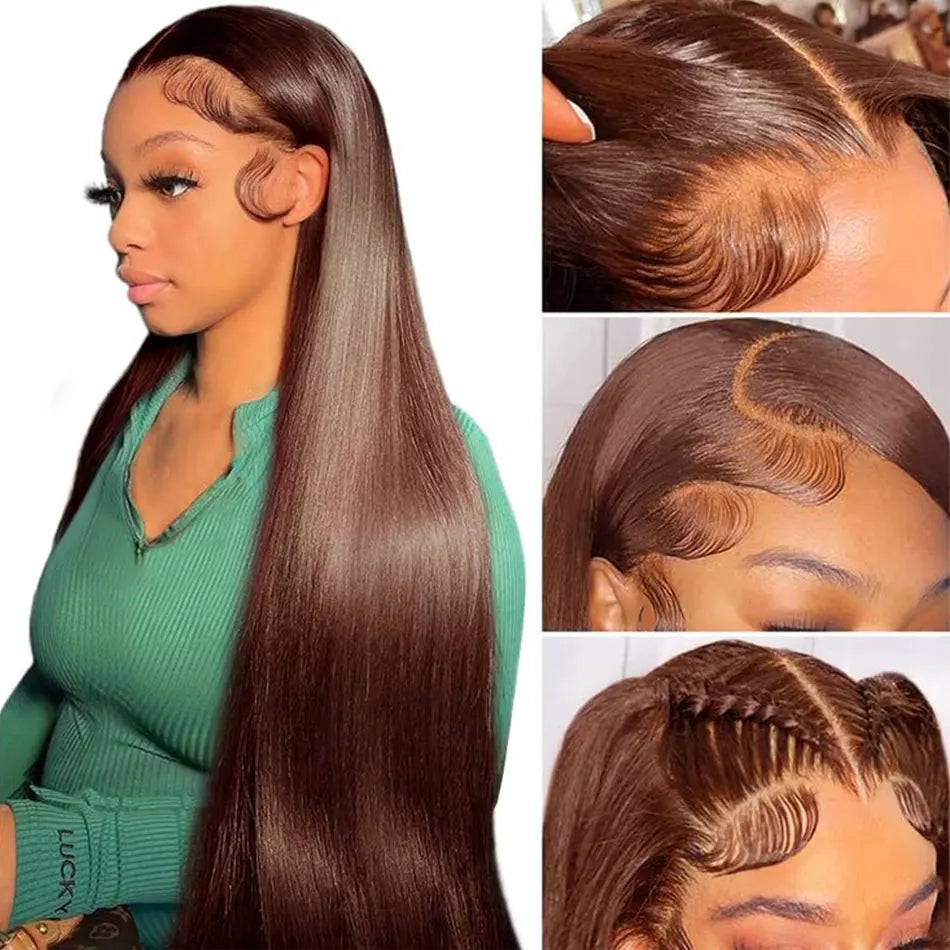 4 Chocolate Brown 13x6 HD Lace Frontal Wig Pre pucked Colored Lace Front Human Hair Wigs For Women Bone Straight Human Hair Wig