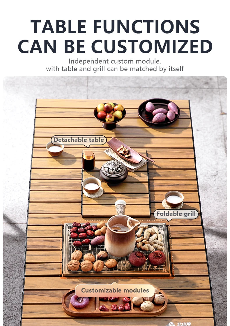 BISINNA Aluminum Alloy Custom Egg Roll Table Outdoor Folding Stove Boiling Tea Table Picnic Barbecue Wood Grain Egg Roll Table