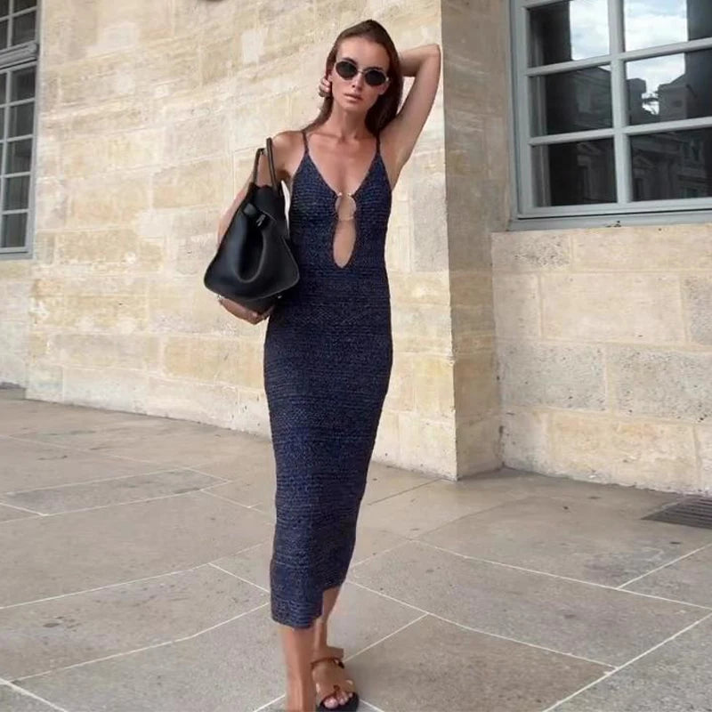 Sexy Hollow Out Crochet Knitted Splited Dresses for Women Solid Sleeveless V Neck Female Bodycon Dress 2024 Chic Beach Vestidoes