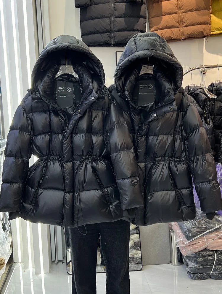 Black Golden Goose Down Jacket Detachable Hooded Women 2025 New Winter Thickened Warm Drawstring Waist Coat Zipper Pocket Casual