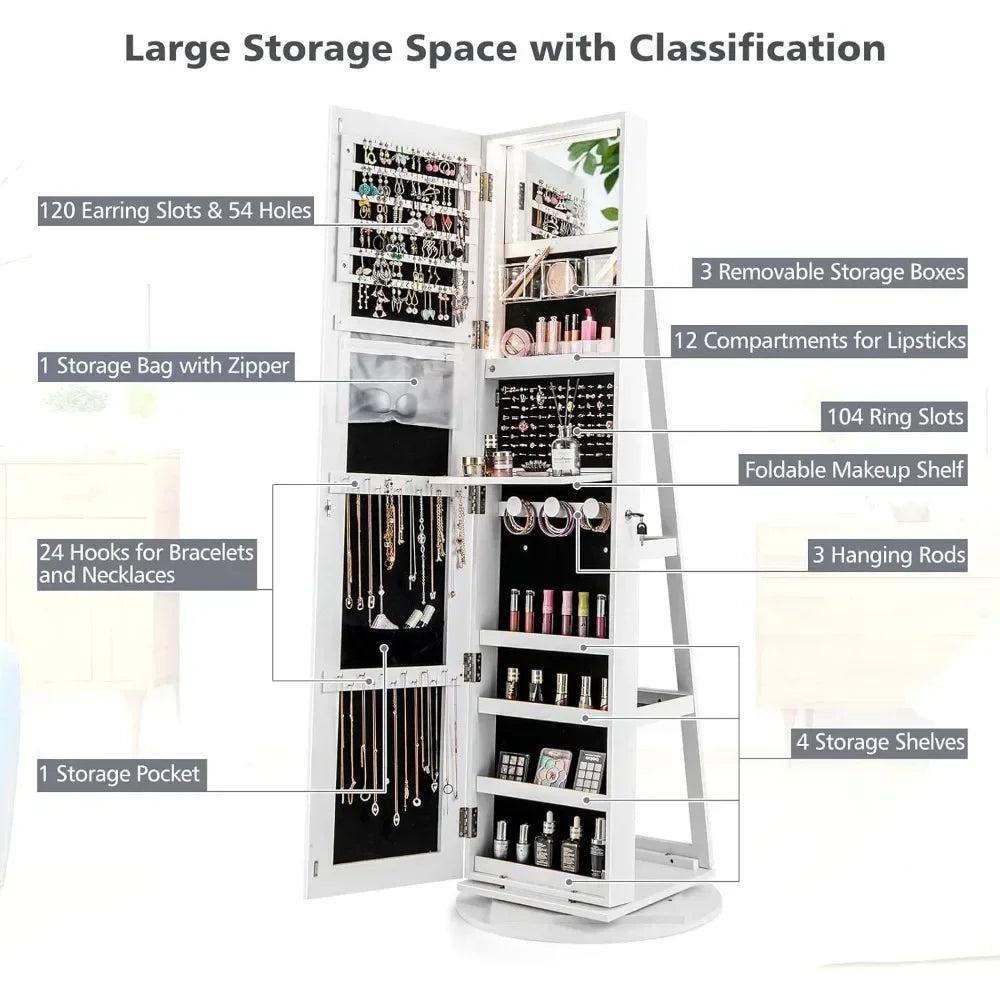 63.5" H Jewelry Armoire with Full Length Mirror 360° Swivel, Rear Storage Shelves, Lockable Standing Jewelry Cabinet Organizer