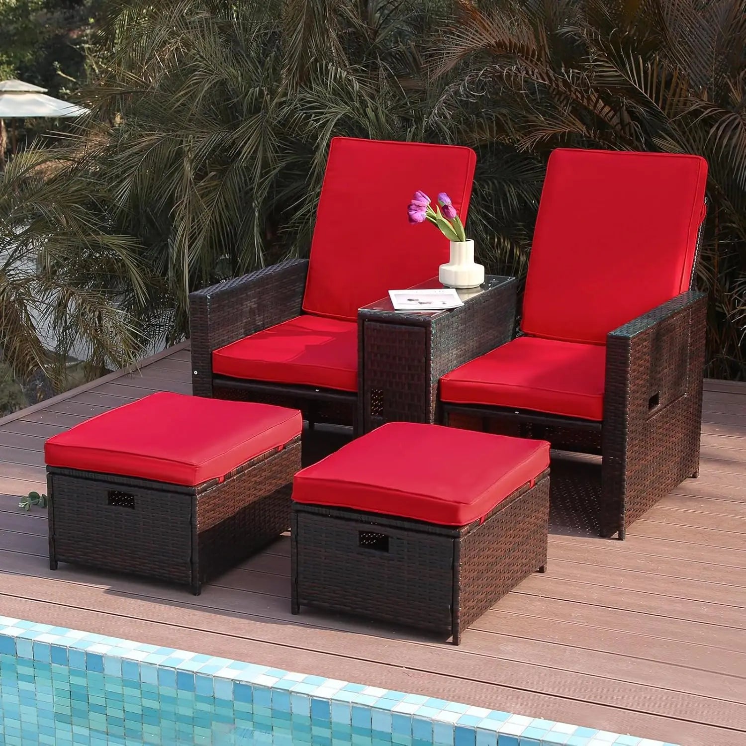 Patio Wicker Loveseat - Outdoor Rattan Sofa Set with Cushion - Adjustable Lounge Chair with Ottoman Footrest, Wicker Furniture