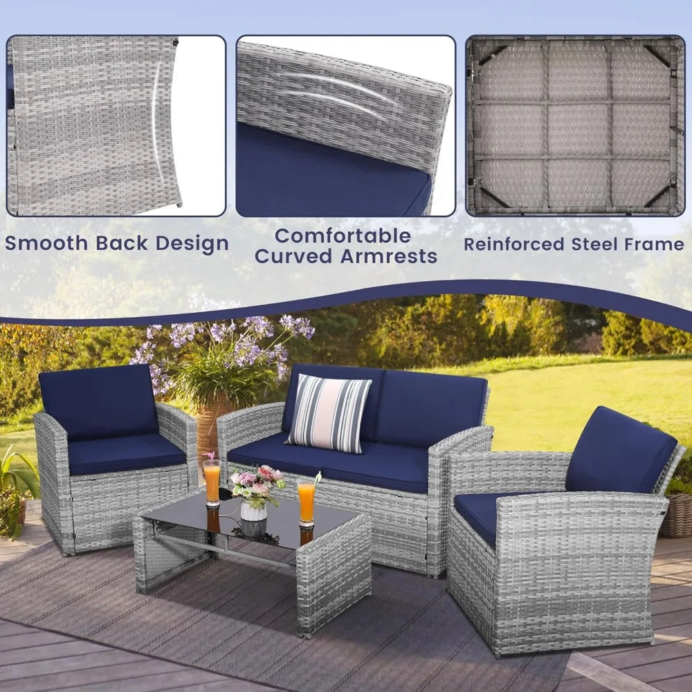 4 Piece Patio Conversation Set, Outdoor Wicker Sectional Furniture with Sofa, 2 Chairs, and Coffee Table, for Porch, Deck