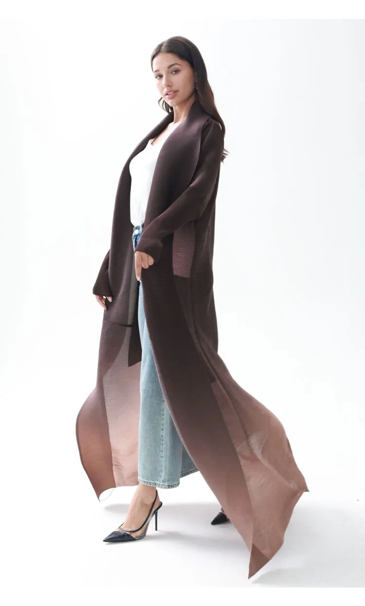 Miyake Pleated Gradient Turndown Collar Lantern Long Sleeve Jacket Women 2024 New Original Designer Abaya Fashion Long Coats