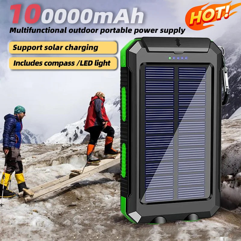 100000mAh Solar Power Bank Two-Way Fast Charging Outdoor Waterproof  Power Bank Flashlight Is Suitable For Iphone Xiaomi Samsung