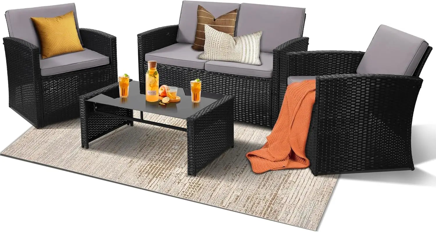 4 Piece Patio Conversation Set, Outdoor Wicker Sectional Furniture with Sofa, 2 Chairs, and Coffee Table, for Porch, Deck