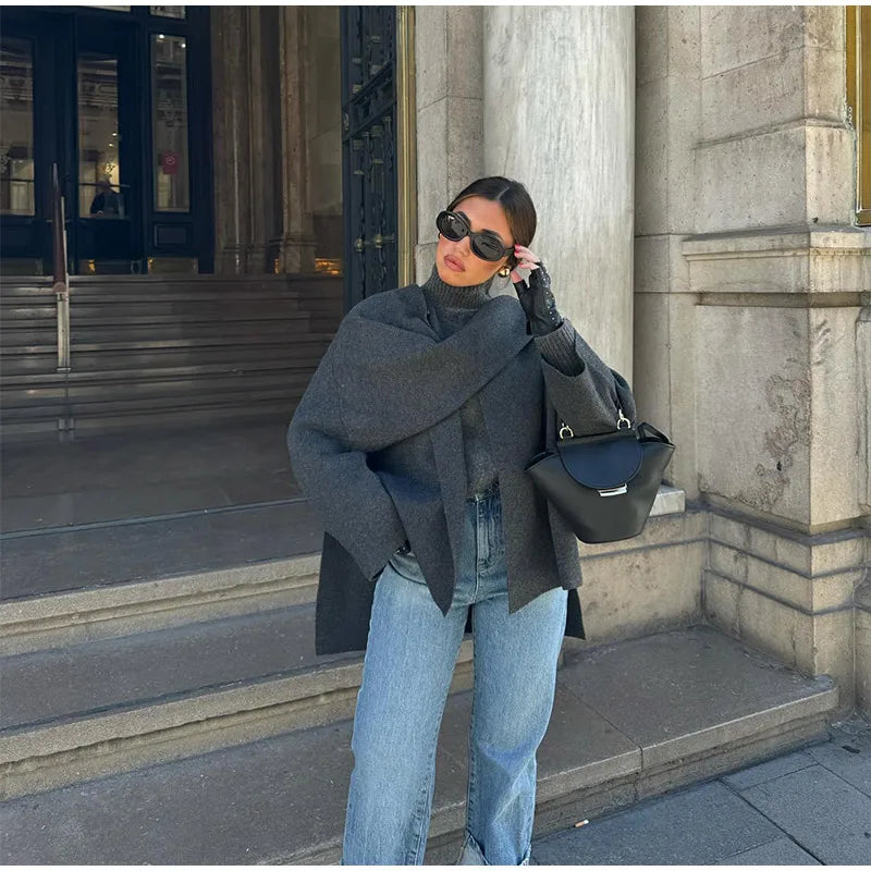 Chic Single Breasted V-neck Oversized Jackets Women's Fashion Solid Long Sleeve Warm Woolen Coats 2024 Lady Casual Streetwear