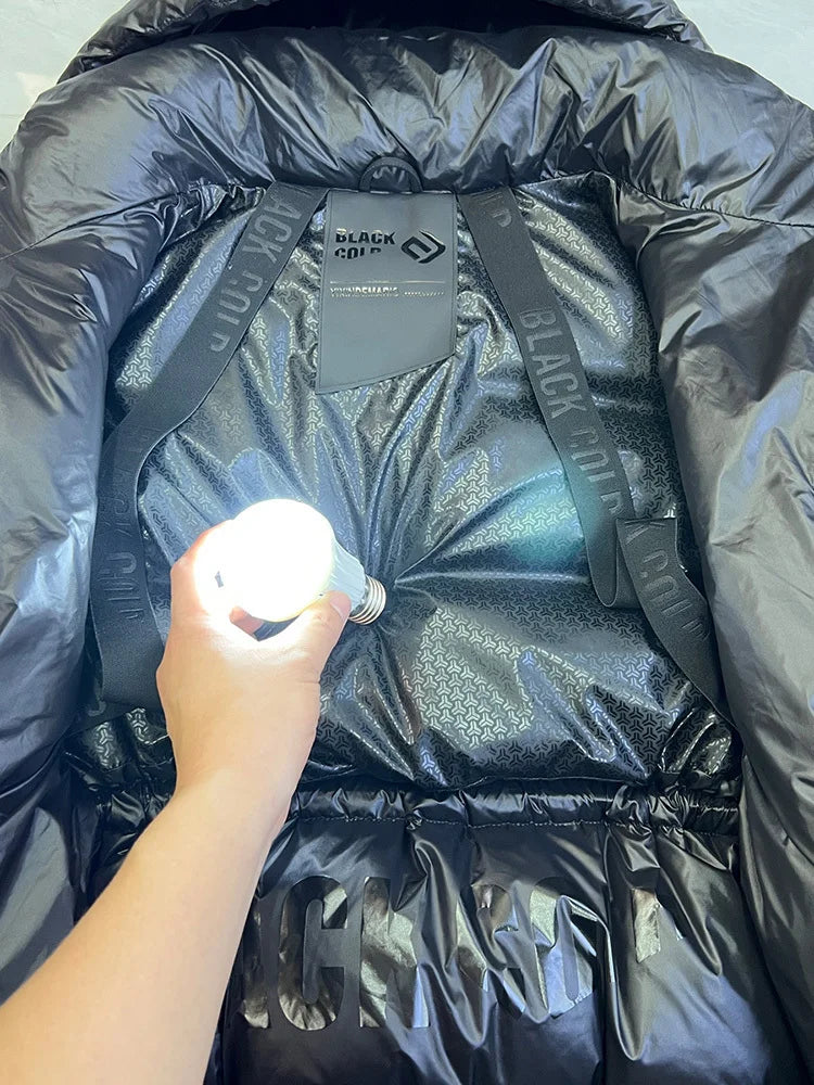 Black Golden Goose Down Jacket Detachable Hooded Women 2025 New Winter Thickened Warm Drawstring Waist Coat Zipper Pocket Casual