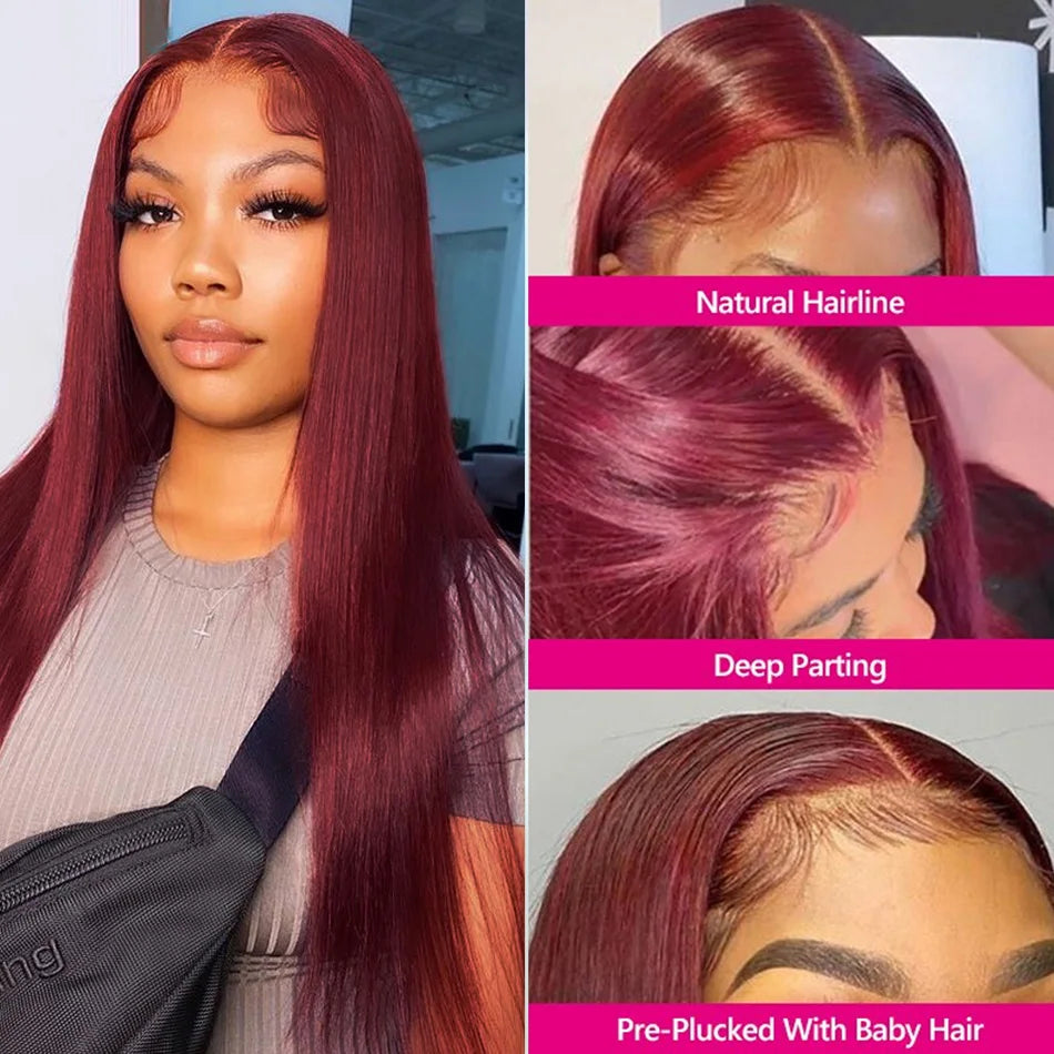 99J 13X6 HD Lace Frontal Human Hair Wigs Pre plucked Burgundy Straight Human Hair Lace Front Wigs 10A