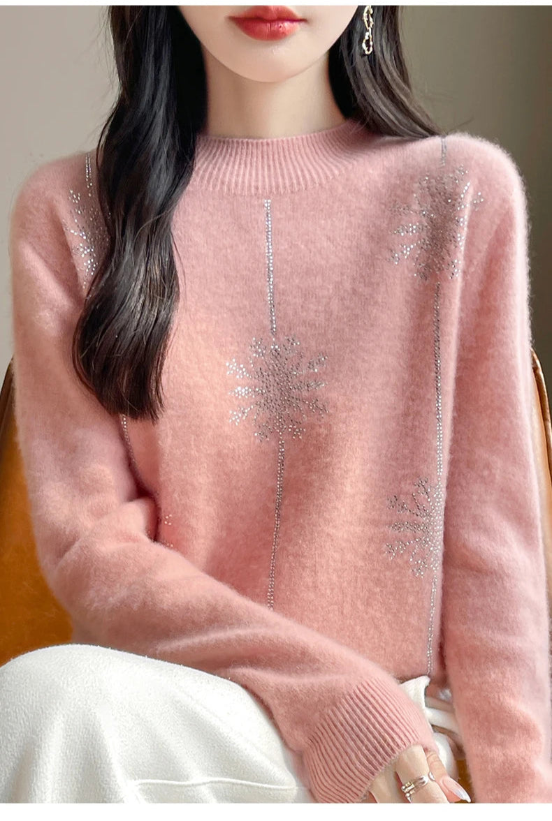 Diamond 100% Merino Wool Sweater 2024 New Women's Fashion Autumn/Winter Warm Hoodie Elegant Half High Collar Jumper Knitted Top