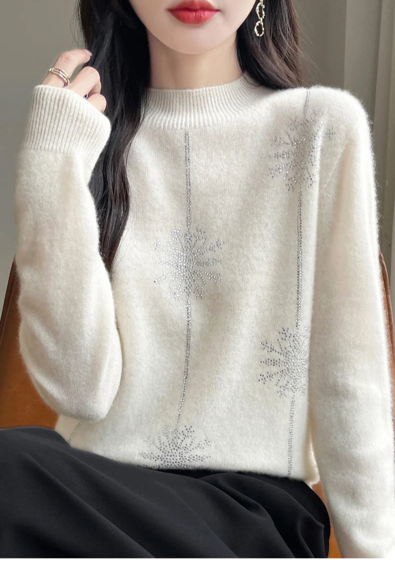 Diamond 100% Merino Wool Sweater 2024 New Women's Fashion Autumn/Winter Warm Hoodie Elegant Half High Collar Jumper Knitted Top