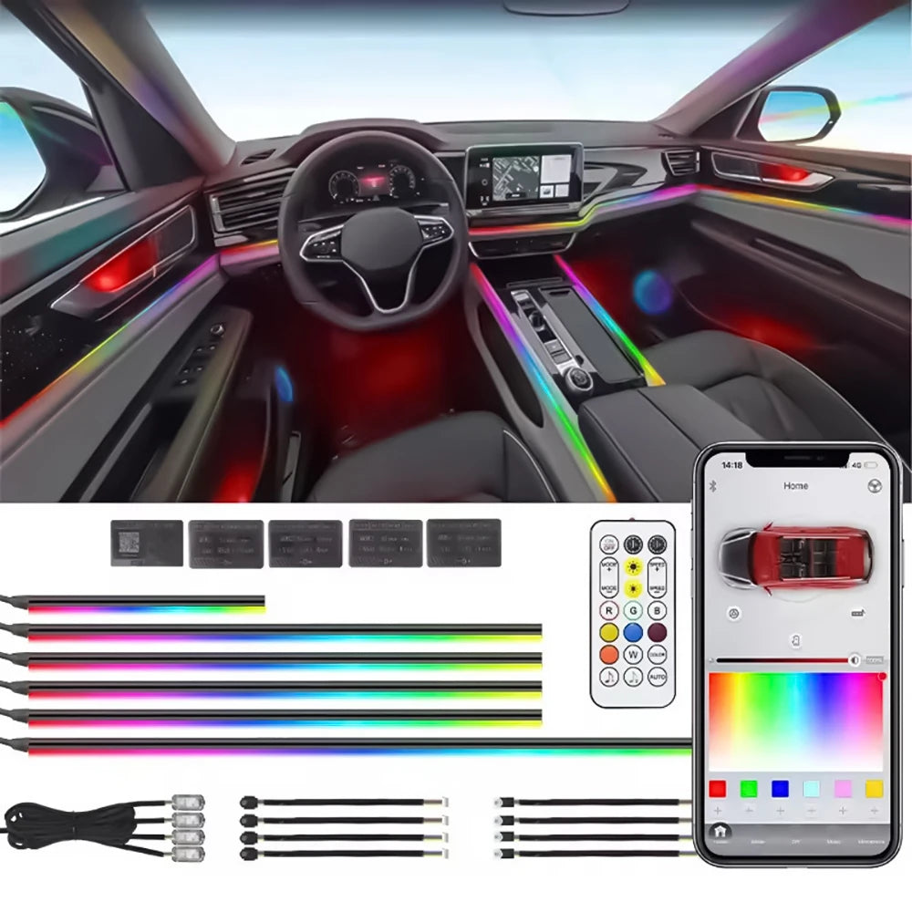 6 in 1 Car Interior Acrylic Guide Fiber Strip 18 in 1 Backlight Car Ambient Lights RBG 64 Color Decoration Atmosphere Lamp earu