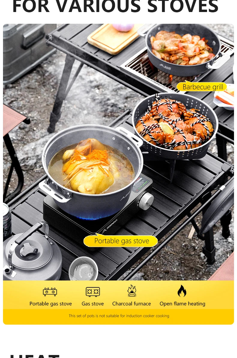 BISINNA Camping Cookware Set Outdoor Portable Tableware Pot Kettle Kitchen Equipment Frying Steaming Household Utensils Picnic