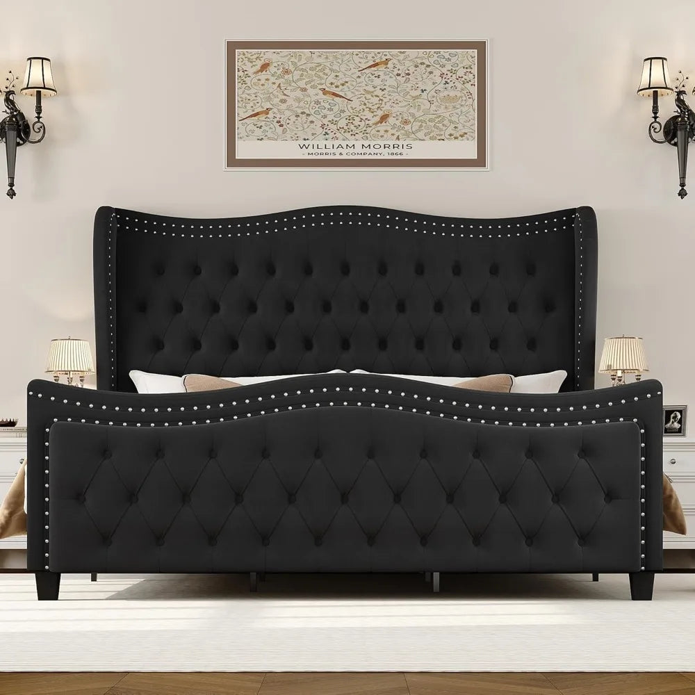 Bed Frame, 55"Headboard Upholstered Bed with Tall Footbaord,Velvet Handmade Pleats Deep Button Tufted WingbackPlatform Bed