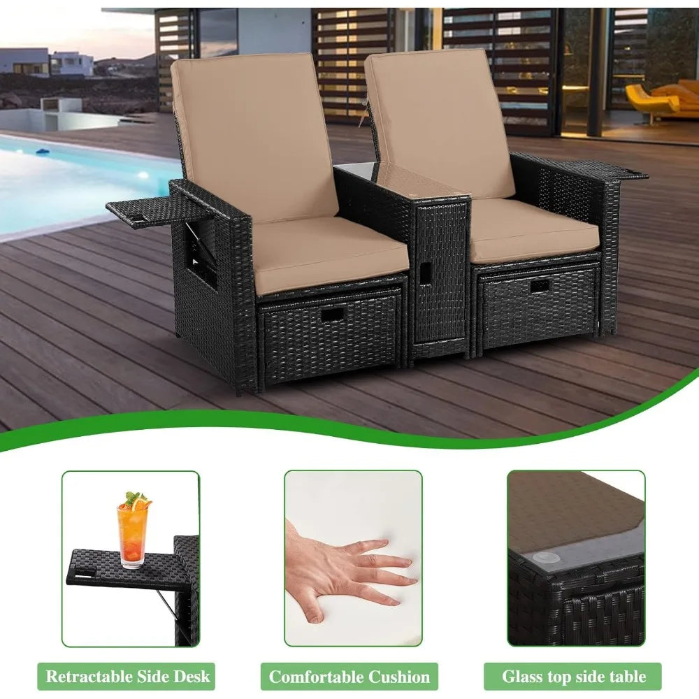 Patio Wicker Loveseat - Outdoor Rattan Sofa Set with Cushion - Adjustable Lounge Chair with Ottoman Footrest, Wicker Furniture