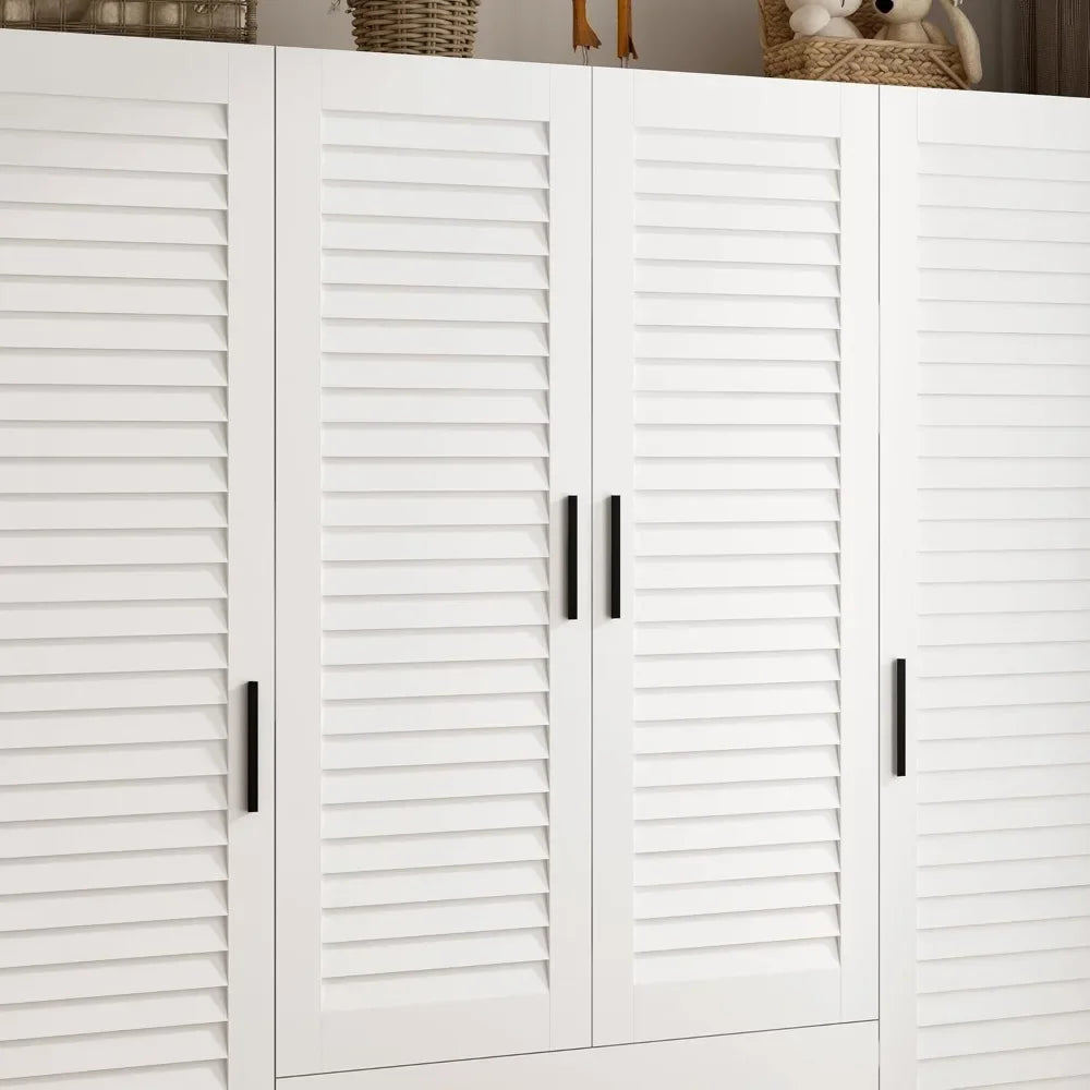 Armoire Wardrobe Closet Cabinet with Drawers and LED Lights, Multi-Tier Shelves, Hanging Rod & Louver Doors