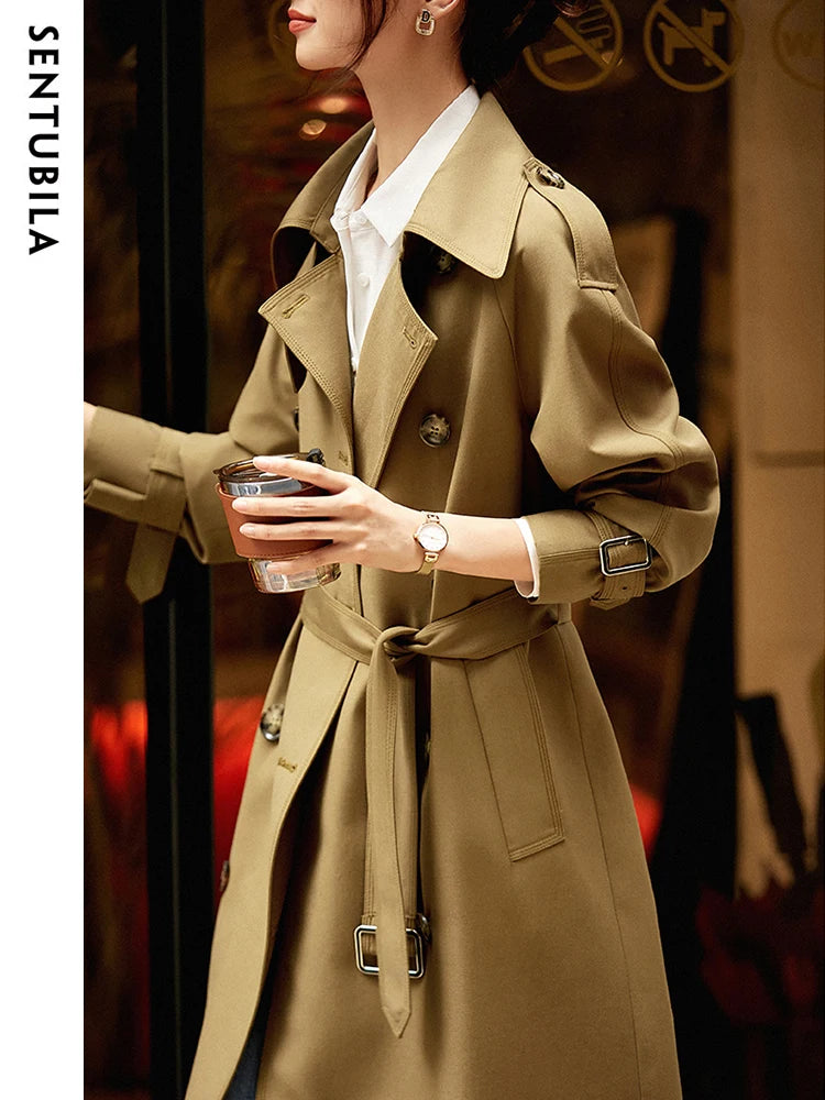 SENTUBILA Women's Belted Trench Coat Elegant Long Windbreaker Jacket Autumn Winter Double Breasted Maillard Outerwear