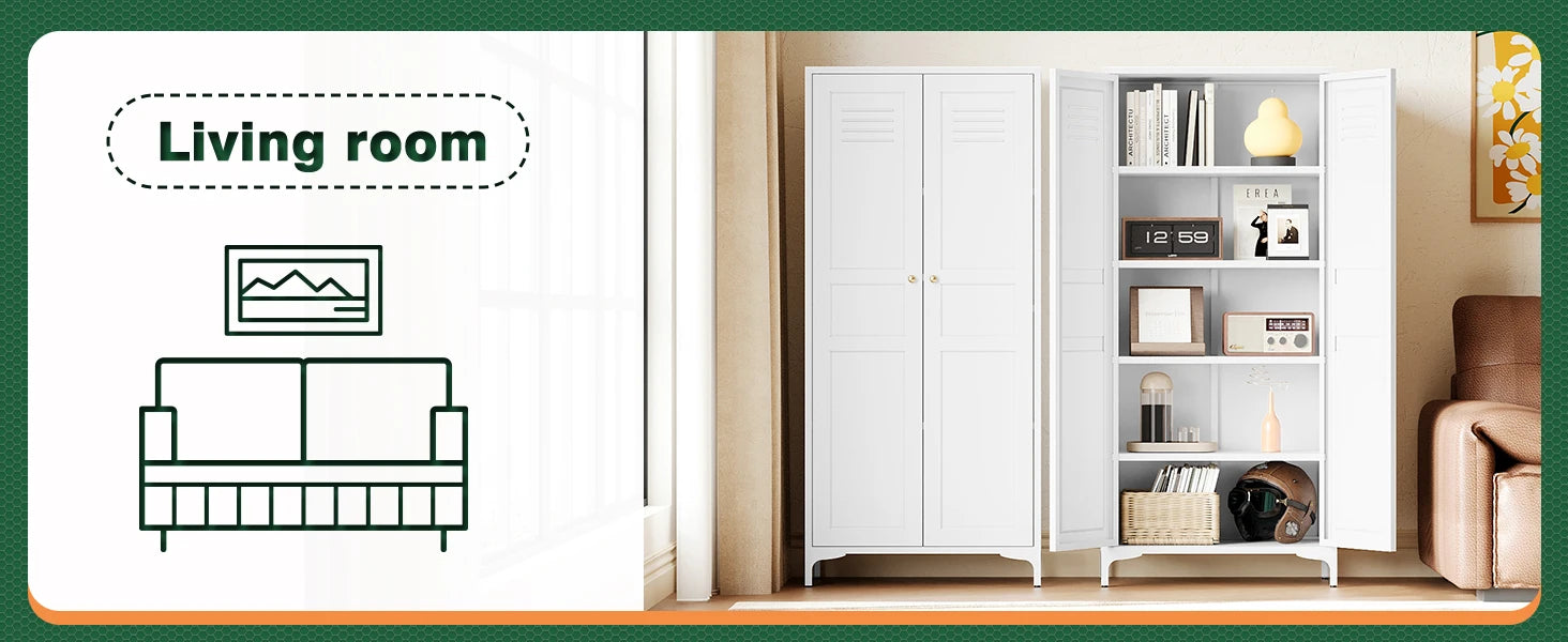 White Storage Cabinet with Feets-Metal Home Kitchen Pantry Cabinets with Doors and Adjustable Shelves,Organization Locker