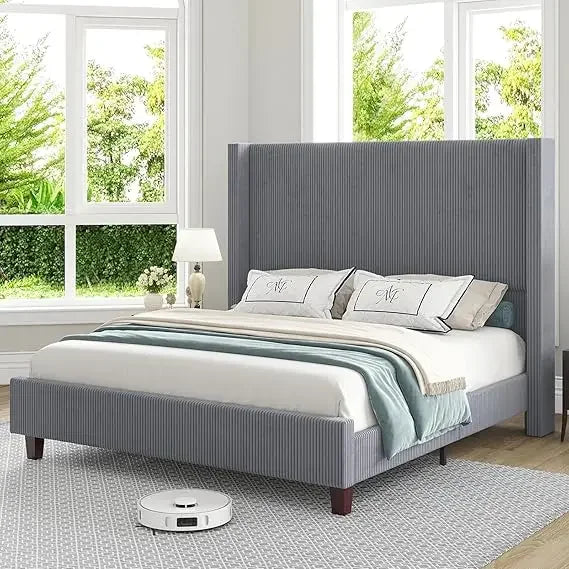 Corduroy Upholstered Bed Frame, Platform Bed with Vertical Stripe Wingback Headboard, No Box Spring Needed