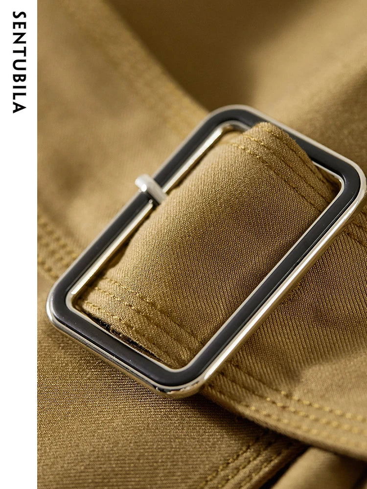 SENTUBILA Women's Belted Trench Coat Elegant Long Windbreaker Jacket Autumn Winter Double Breasted Maillard Outerwear