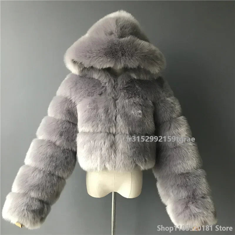 Fashion Warm Faux Fur Thicken Coat For Women Vintage Long Sleeve Hooded Short Female Jackets Autumn Winter Chci Lady Streetwear