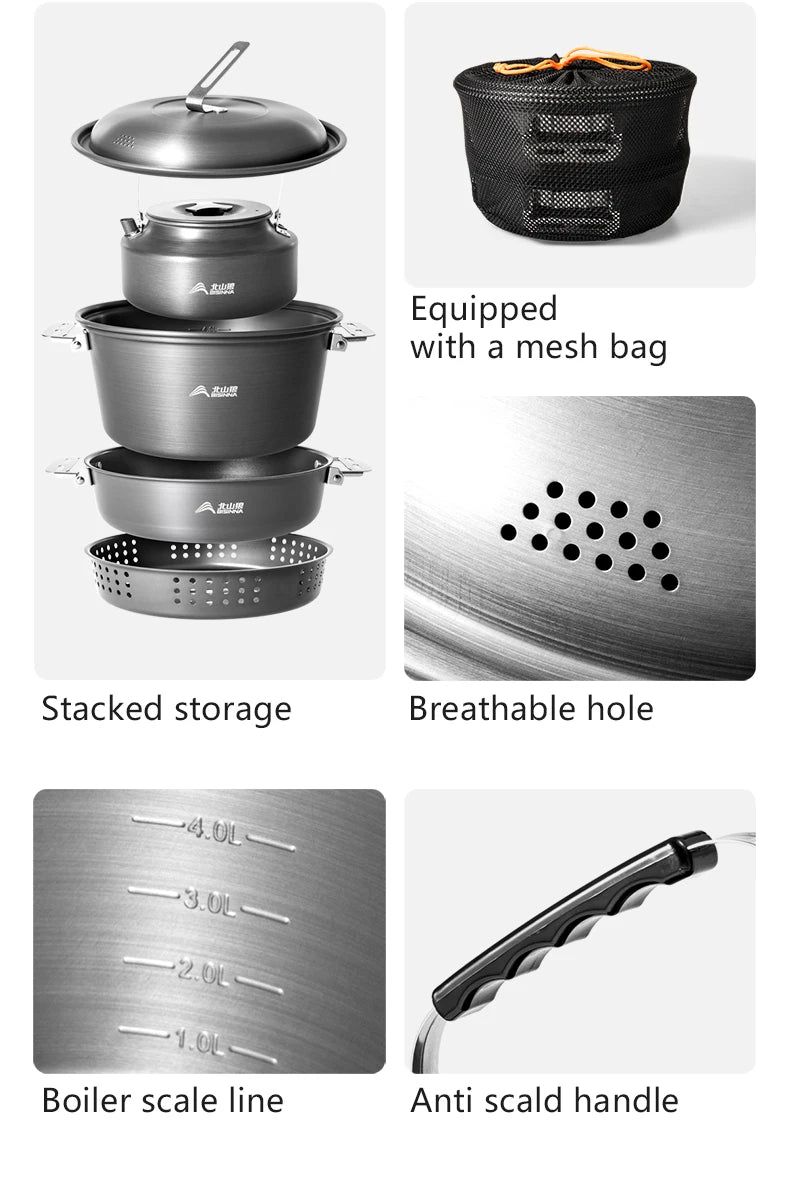 BISINNA Camping Cookware Set Outdoor Portable Tableware Pot Kettle Kitchen Equipment Frying Steaming Household Utensils Picnic
