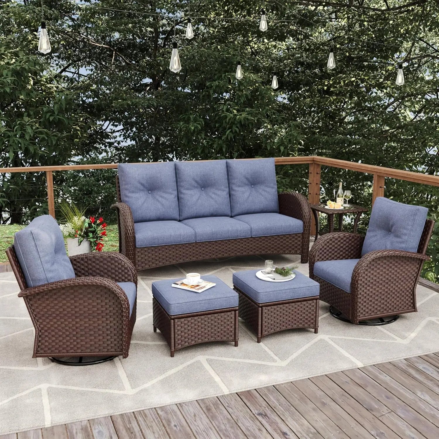 6 Pieces Patio Furniture Sets Wicker Rattan High Back Outdoor Swivel Rocking Chairs Set with 3-Seat Couch Ottomans and  Table