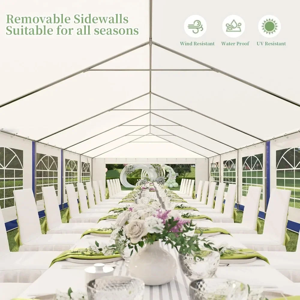 16X32FT Extra Large Outdoor Event Shelter, Wedding Party Tent with Sidewall Windows & 2 Side Doors/White with Blue Stripes