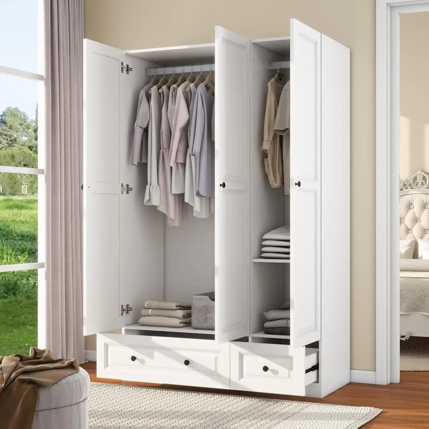 3 DoorsBedroom Armoire Wardrobe Closet with 3 Drawers, Wooden Wardrobe Closet for Hanging Clothes