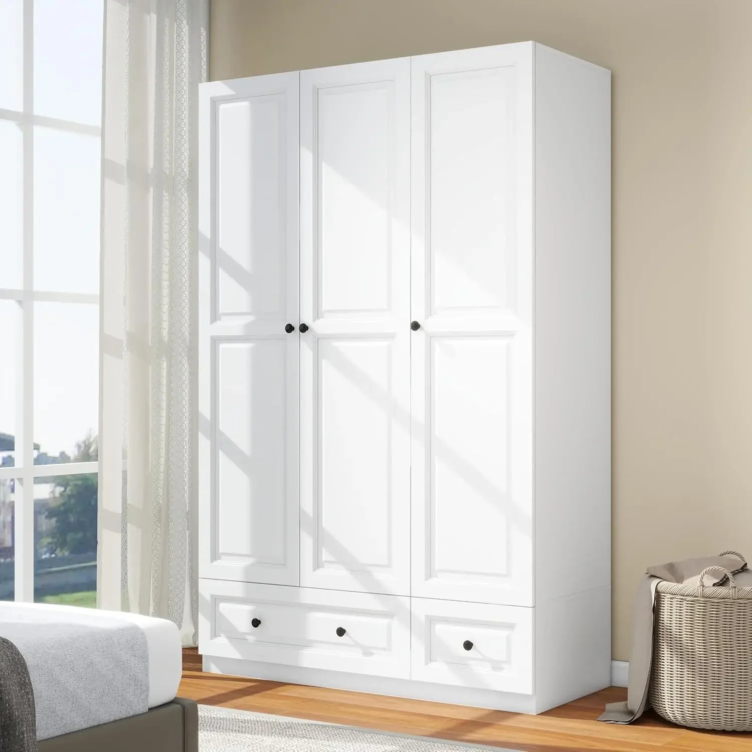 3 DoorsBedroom Armoire Wardrobe Closet with 3 Drawers, Wooden Wardrobe Closet for Hanging Clothes