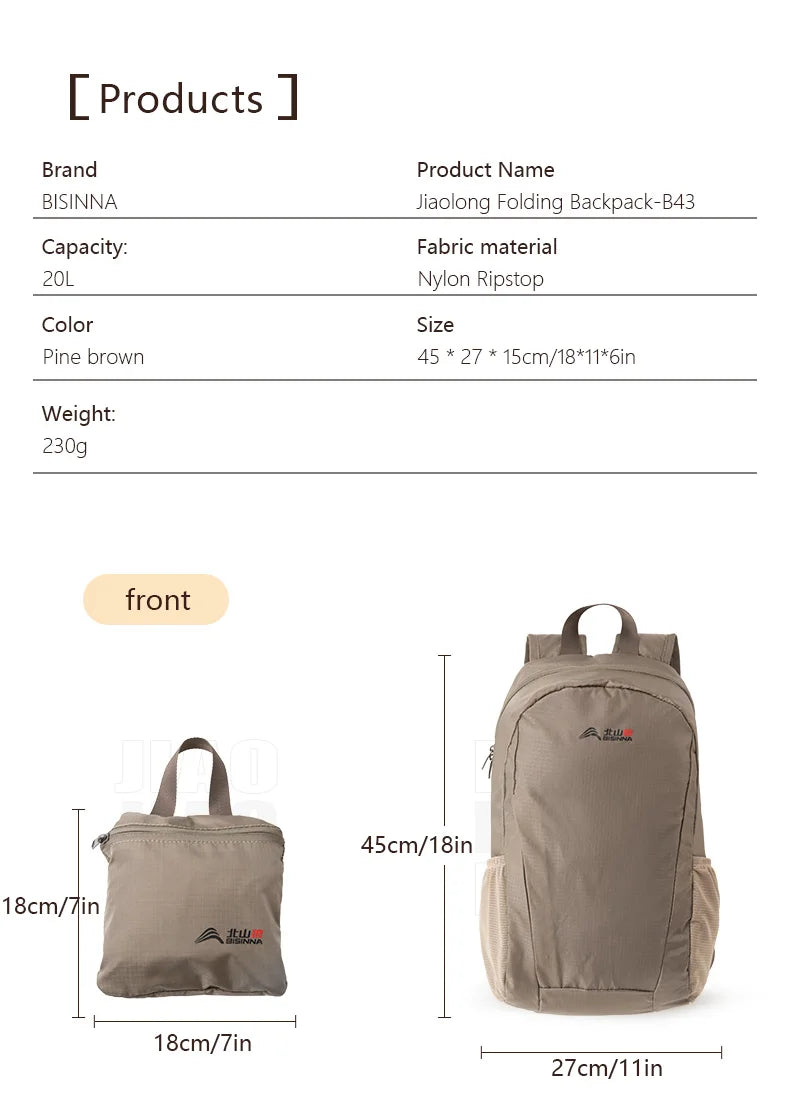BISINNA 20L Hiking Backpack Ultralight Foldable Waterproof Travel Bags For Men Outdoor Portable Woman Camping Small Backpack