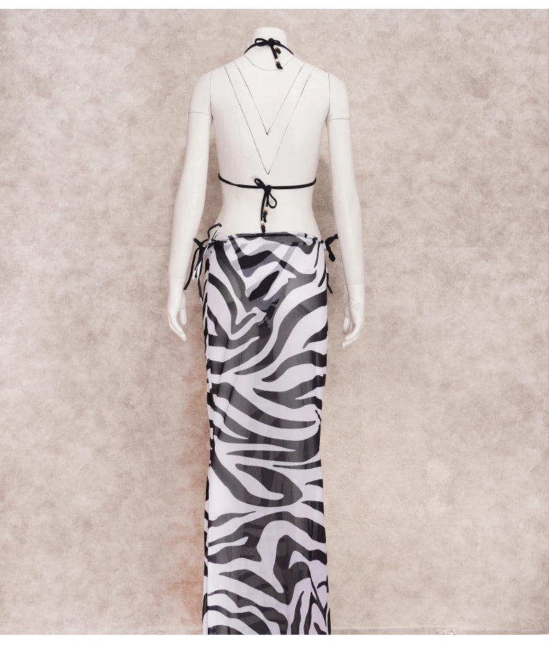 EDOLYNSA Sexy Zebra Stripes 3 Pieces Bikini Set 2024 Summer Beach Wear Triangle Bikinis Swimsuit Skirt Swimwear Cover-up A1554