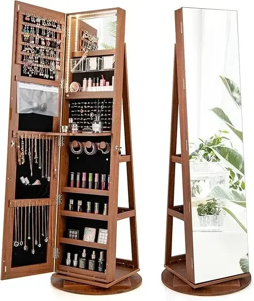 63.5" H Jewelry Armoire with Full Length Mirror 360° Swivel, Rear Storage Shelves, Lockable Standing Jewelry Cabinet Organizer