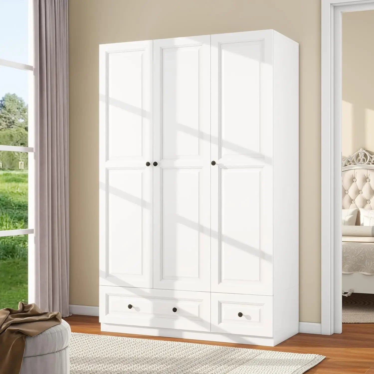 3 DoorsBedroom Armoire Wardrobe Closet with 3 Drawers, Wooden Wardrobe Closet for Hanging Clothes