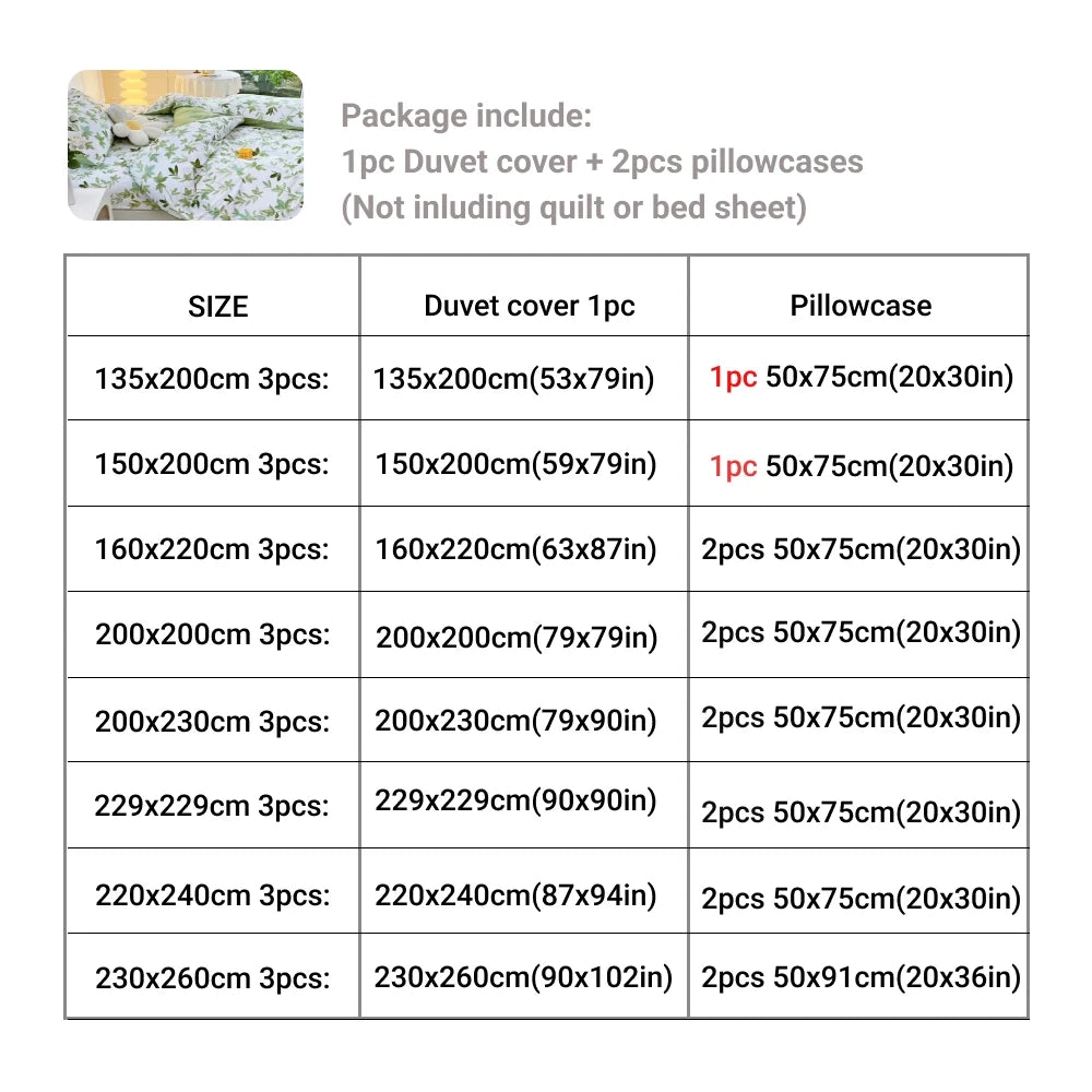 2/3pcs Set Green Flower Print Duvet Cover with Pillow Case Nordic Comforter Bedding Set Quilt Cover Queen/King Double  Bed